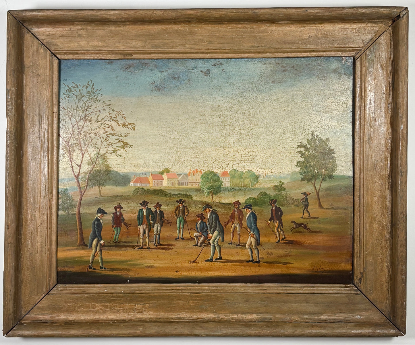 c1800s Oil on Tin of Period Golfers, Unknown Artist