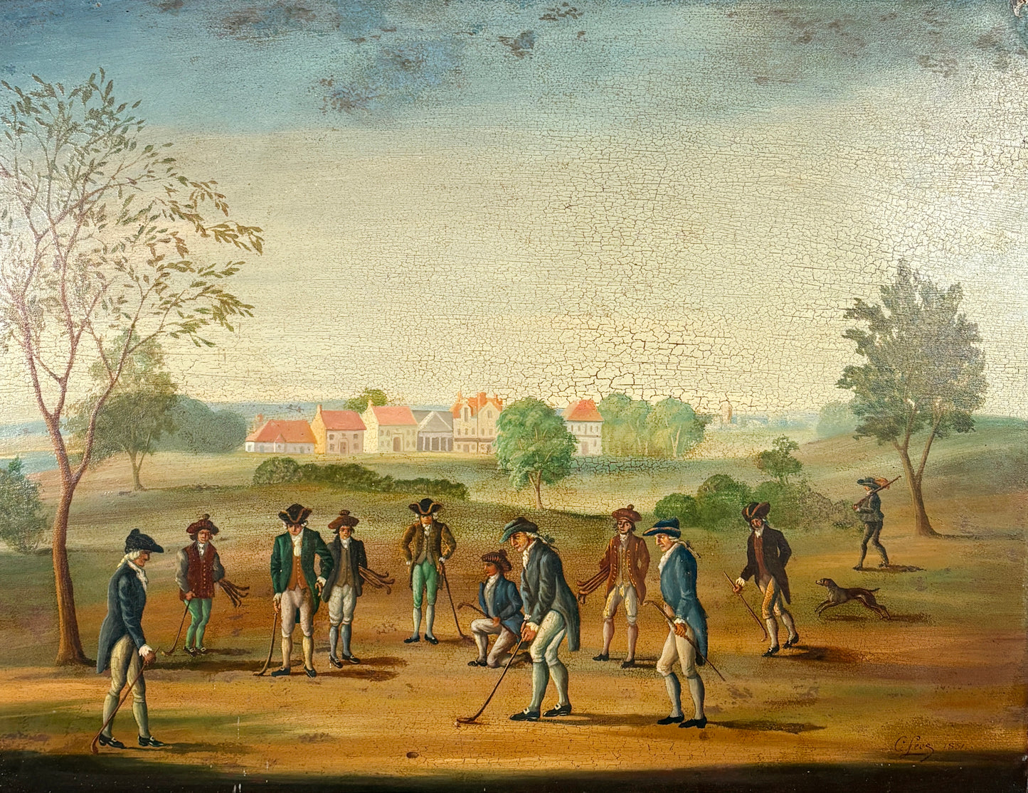 c1800s Oil on Tin of Period Golfers, Unknown Artist