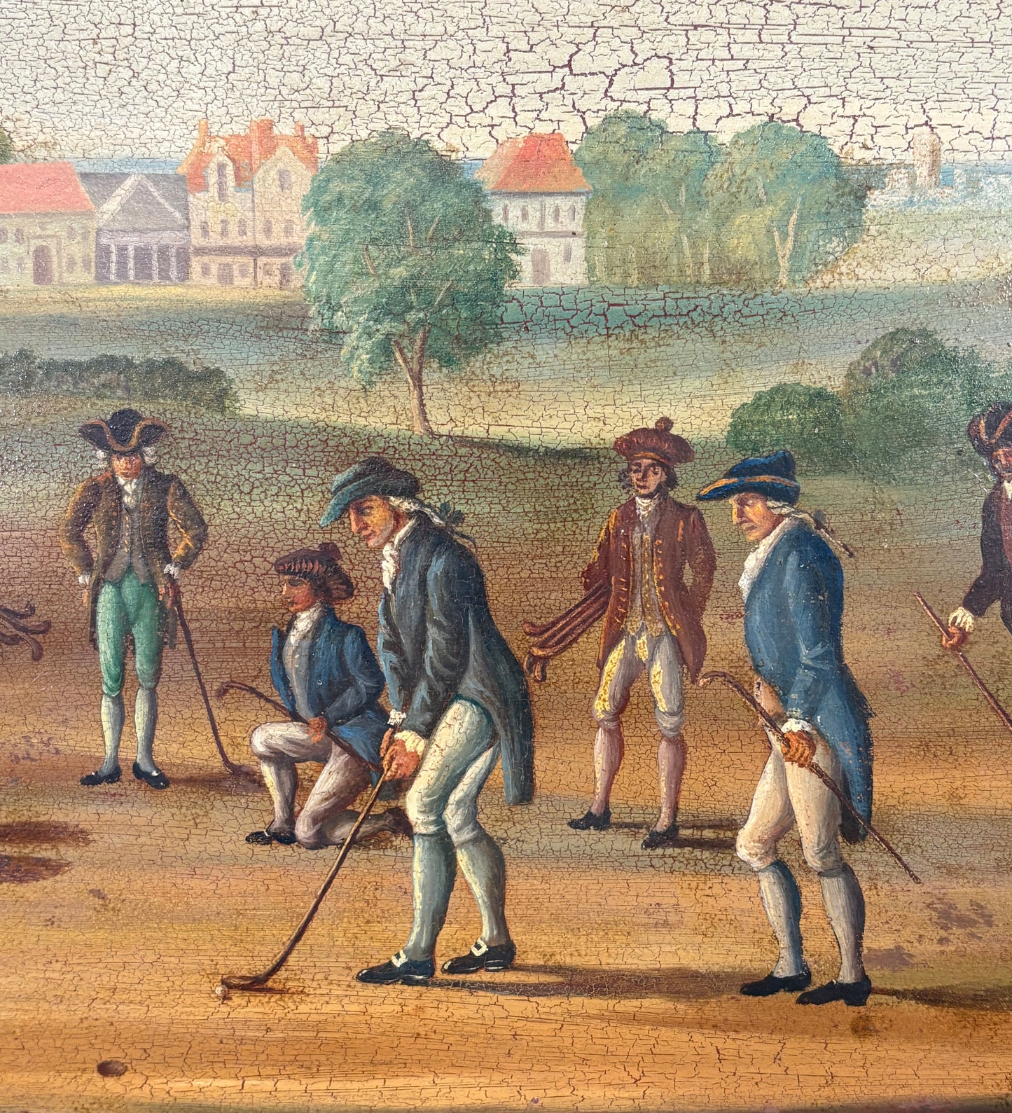 c1800s Oil on Tin of Period Golfers, Unknown Artist