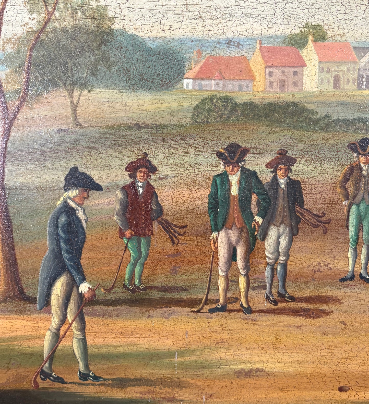 c1800s Oil on Tin of Period Golfers, Unknown Artist