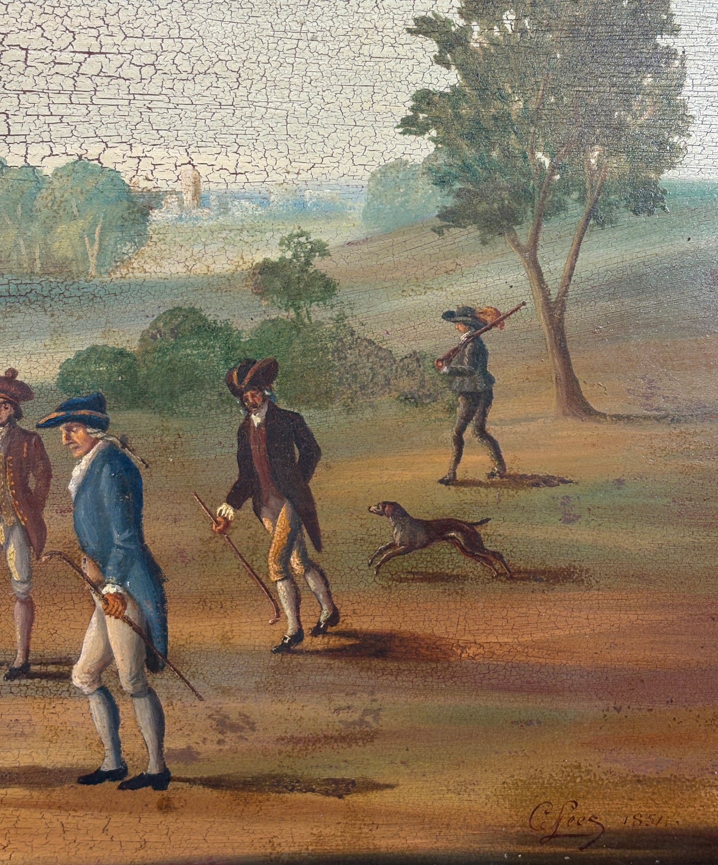 c1800s Oil on Tin of Period Golfers, Unknown Artist