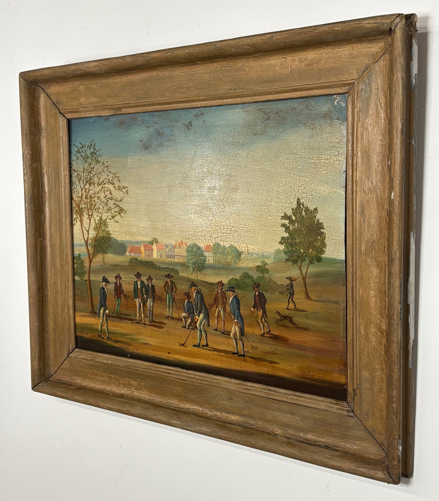 c1800s Oil on Tin of Period Golfers, Unknown Artist