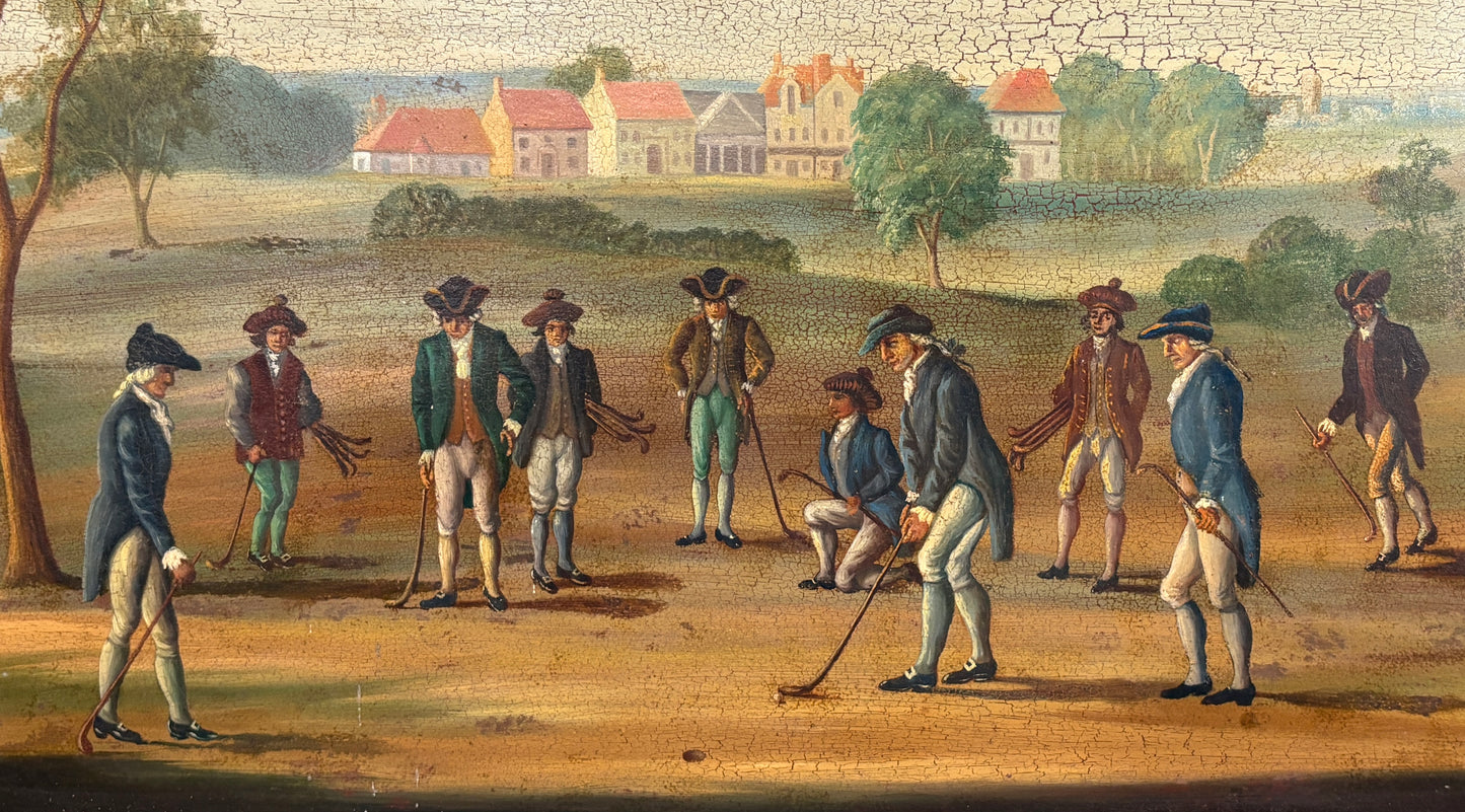 c1800s Oil on Tin of Period Golfers, Unknown Artist