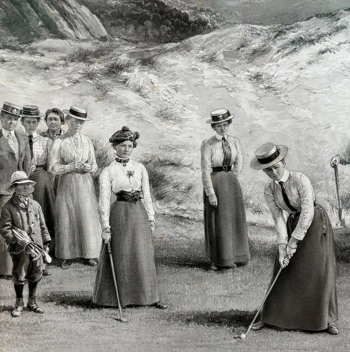 Original 1901 Michael Brown Artwork for Life Assoc. Calendar - Ladies Golf Championship at Aberdovey