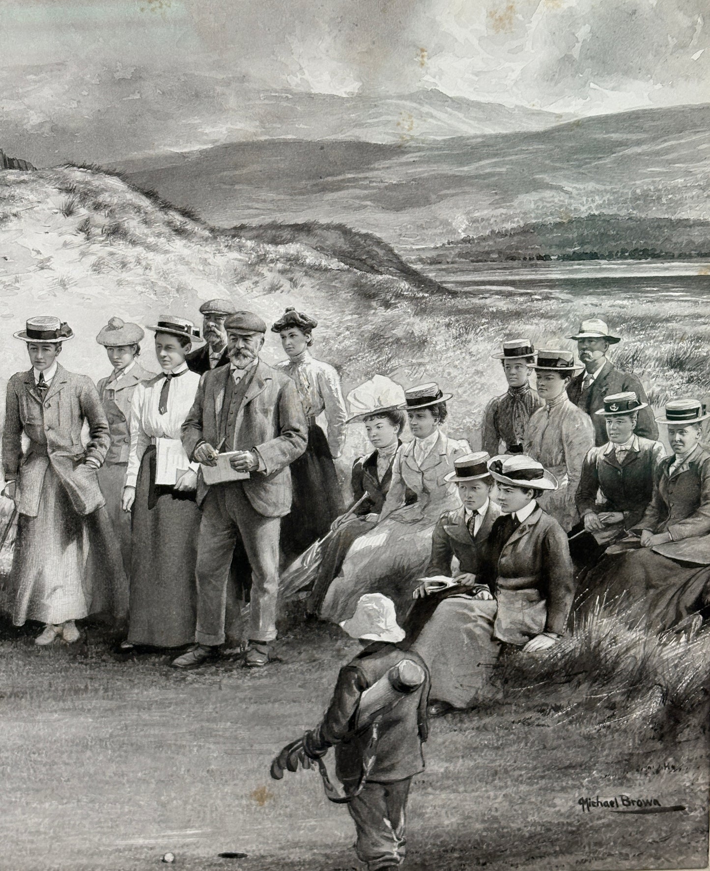 Original 1901 Michael Brown Artwork for Life Assoc. Calendar - Ladies Golf Championship at Aberdovey